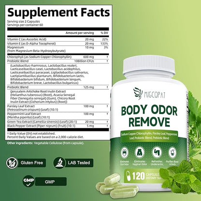 Chlorophyll Body Deodorizing Supplement 2 Pack, Chlorophyll Capsules with Parsley & Peppermint, Probiotic, Green Tea, Jerusalem Artichoke, Prebiotic, Supports Fresh Breath & Whole-Body Freshness