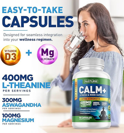Built by Nature Calm+ Relaxation & Focus – Stress, Cortisol & Mood Support – Calm Supplement with L-Theanine, Ashwagandha, Magnesium Glycinate, Vitamin D3 – 90 Capsules