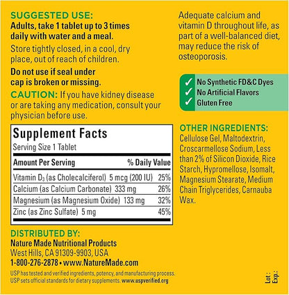 Nature Made Calcium Magnesium Zinc with Vitamin D3, Dietary Calcium Supplement for Bone Support, 300 Tablets