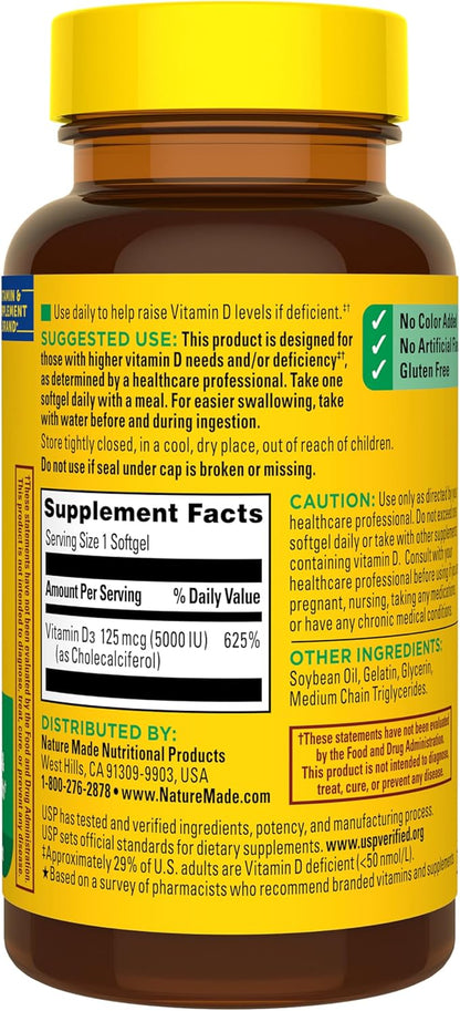 Nature Made Vitamin D3 5000 IU (125 mcg) Softgels, Extra Strength Vitamin D Supplement for Bone and Immune Health Support, 360 Count, 360 Day Supply