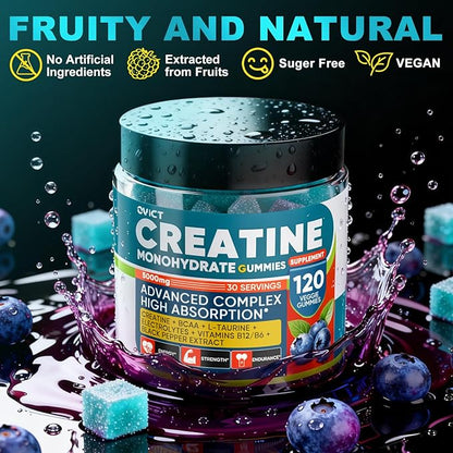 99.99% Creatine Monohydrate Gummies for Men Women 5g, 7-in-1 Pre-Workout Complex with BCAA, Taurine, B12/6 & Electrolytes, 6X Boost Energy, Muscle Strength & Recovery, Brain Focus, Vegan, Sugar Free
