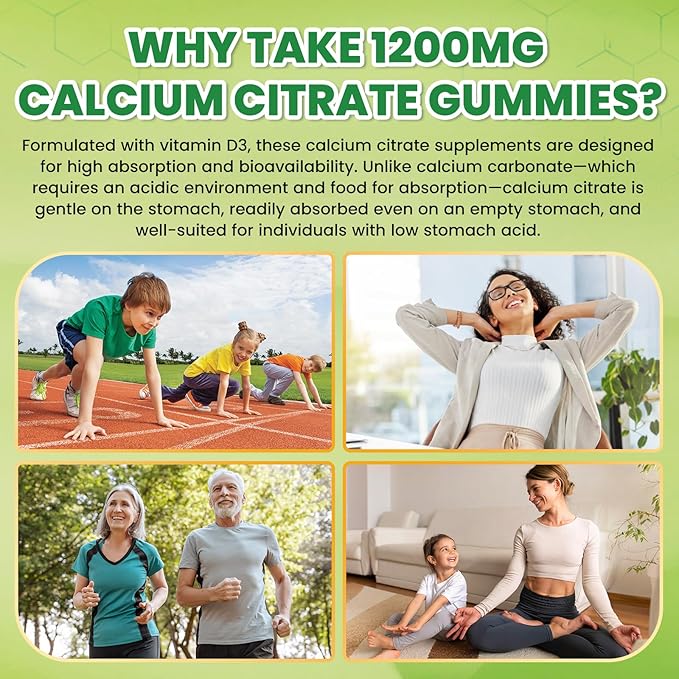 Calcium Citrate Gummies - 1200mg Calcium Gummies Supplements for Women & Men with Vitamin D3, K2, Magnesium, Zinc High Absorption for Bone, Muscle & Immune Support, Apple & Kiwi Flavor, 120 Count