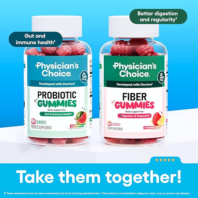 Physician's CHOICE Probiotic Gummies with Vitamin D & Prebiotic Fiber - Sugar Free - 1B CFUs of Clinically Studied Probiotic - Supports Immune & Gut Health for Women & Men - Watermelon Flavor - 90CT