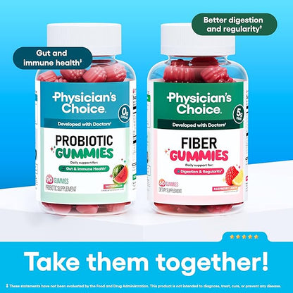 Physician's CHOICE Probiotic Gummies with Vitamin D & Prebiotic Fiber - Sugar Free - 1B CFUs of Clinically Studied Probiotic - Supports Immune & Gut Health for Women & Men - Watermelon Flavor - 90CT