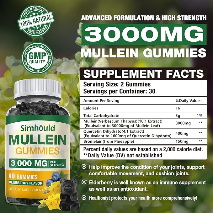 Simhould 1 Pack Sugar Free 3000MG Mullein Gummies - Lung Cleanse, Mullein Leaf Extract Supplement for Respiratory, Organic Mullein Drops with Quercetin & Bromelain for Lung, Digestive Health & Immune