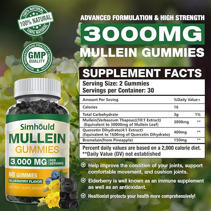 Simhould 1 Pack Sugar Free 3000MG Mullein Gummies - Lung Cleanse, Mullein Leaf Extract Supplement for Respiratory, Organic Mullein Drops with Quercetin & Bromelain for Lung, Digestive Health & Immune