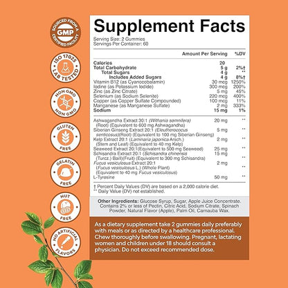 Vegan Thyroid Support Gummies with Sea Moss - Thyroid Support Gummies for Comprehensive Support for Men and Women with Iodine Selenium and Other Potent Vitamins - Gelatin-Free Non-GMO - 120 Count