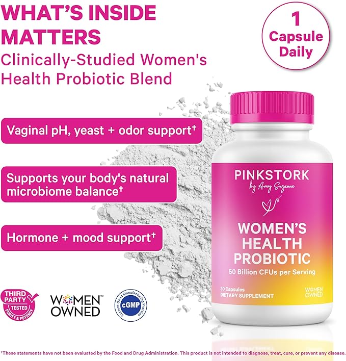 Pink Stork Women’s Health Probiotic, 50 Billion CFU | Clinically Studied Probiotics | Vaginal, Gut, Mood, & Hormone Balance | Yeast & Odor Support | Probiotic and Prebiotic Blend | 30 Vegan Capsules