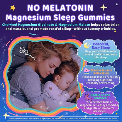 Kids Sleep Gummies, NO Melatonin Sleep Aid Gummies w/ Magnesium Glycinate, Magnesium Malate, L-Theanine, Lavender, B6, Zinc, D3K2 for Restful Sleep, Relax Brain & Muscle, Immune Support, Non-GMO 2Pack