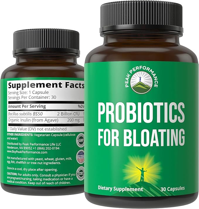 Bloat and Gas Probiotic - Proven Relief with Clinically Studied Bacillus Subtilis BS50 + Prebiotic Fiber - Fast Acting Anti Bloating Pills Supplement - Debloating Capsules for Women and Men