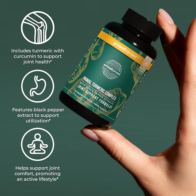 Primal Harvest 1 Pack, Primal Turmeric Complex w/Black Pepper Extract, Joint and Mobility Support Turmeric Supplement for Women & Men, 60 Capsules