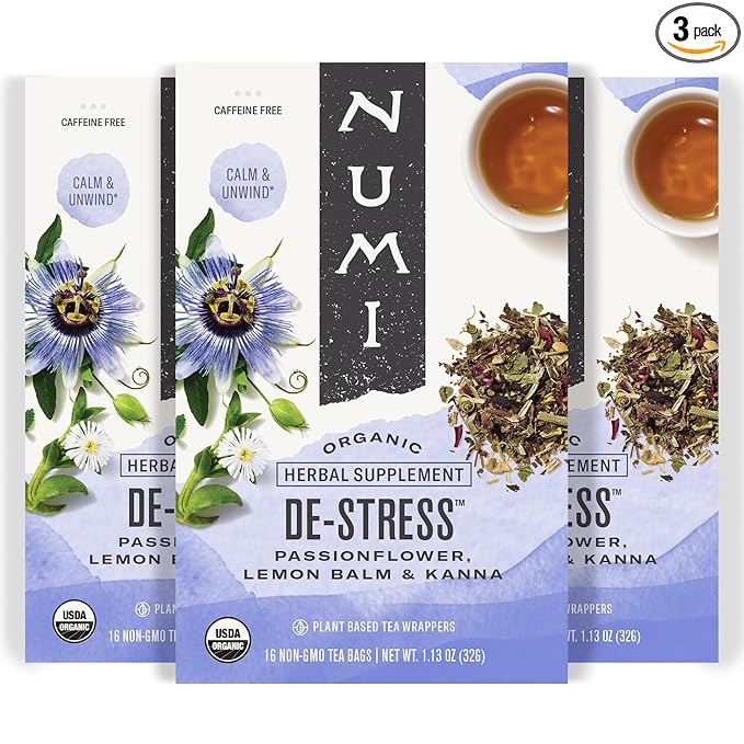Numi Organic De Stress Herbal Tea – 48 Herbal Tea Bags – Caffeine Free Blend with Spearmint Passionflower Lemon Verbena Lemon Balm Hibiscus & Licorice for Relaxation & Calm