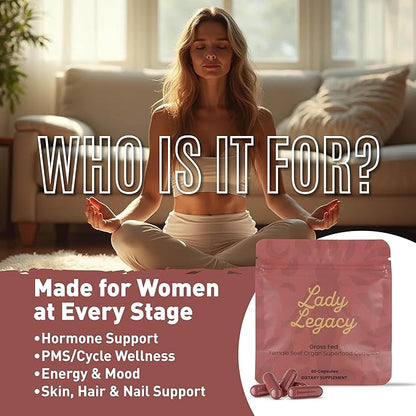 Lady Legacy Beef Organ Supplement for Women – Grass-Fed & Pasture-Raised Female Organ Complex – Uterus, Ovary, Liver, Kidney & Heart Capsules – Dual 3rd Party Tested, Non-GMO Verified, Made in USA