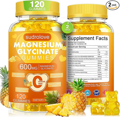 Magnesium Glycinate Gummies 600mg- Sugar Free Mg Potassium Supplement with Magnesium Glycinate, Vitamin D, B6 and CoQ10 for Calm Support & Sleep for Adults, 60 Days Supply ((Pack of 2), Pineapple)
