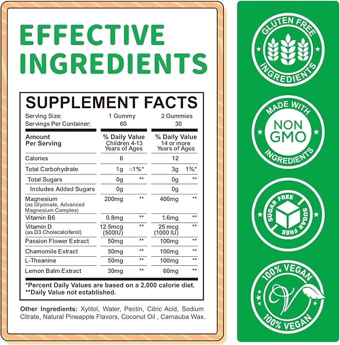 Magnesium Gummies for Kids - Magnesium Glycinate Gummies Supplement with L-Theanine, Vitamin B6, D3 for Adults & Kids, Calm Magnesium for Sleep, Relaxation, Brain,Bones,Sugar Free Pineapple 120ct