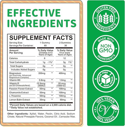 Magnesium Gummies for Kids - Magnesium Glycinate Gummies Supplement with L-Theanine, Vitamin B6, D3 for Adults & Kids, Calm Magnesium for Sleep, Relaxation, Brain,Bones,Sugar Free Pineapple 120ct