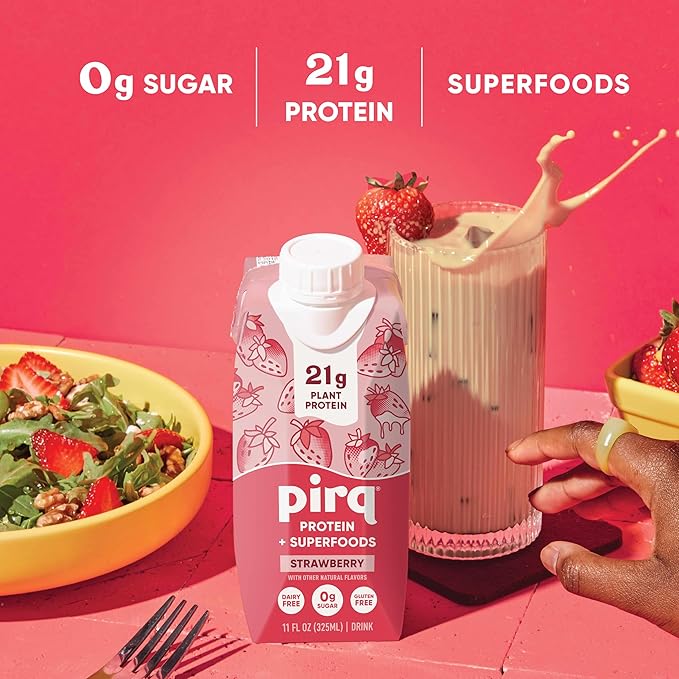 Pirq Plant Based Protein Shake, 21g Vegan Protein, 25 Superfoods, 0g Sugar, Dairy-Free, Gluten-Free, and Soy-Free, (12 Pack)(Strawberry)