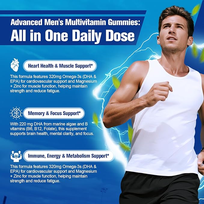 Migcopat 2-Pack Multivitamin for Men, Mens Multivitamins Gummies w/Omega-3, Probiotics, Inositol, Folate, Male Support Blend, Vitamins A, C, D, E, B - Support Heart, Brain, Muscle, Energy, Sugar-Free