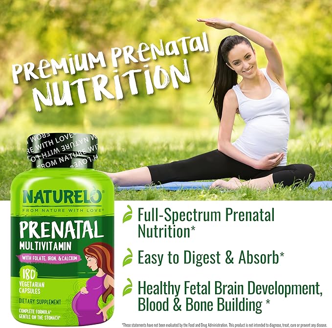 NATURELO Prenatal Multivitamin with Gentle Chelated Iron, Methyl Folate, Plant Calcium & Choline - Vegan, Vegetarian - Non-GMO - Gluten Free - 180 Capsules - 2 Month Supply