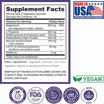 Sleep Well Calmness & Relaxing Support Formula - Powerful Blend with Magnesium, L-Theanine, GABA, and Melatonin - Enhances Relaxation + Promotes Healthy Sleep Patterns - 60 Capsules