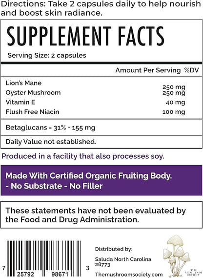 Skin Rejuvenation Supplement - Inner Skin Glow & Cellular Repair Formula – Lion’s Mane, Oyster, Vitamin E, Niacin + Beta-Glucans – Antioxidant + Beauty Blend - 120 Vegan Capsules