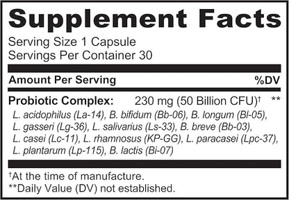 NATURELO Probiotics for Digestive Health, 50 Billion CFU, 30 Vegetarian Capsules, 11 Strains, Daily Use Supplement, Delayed Release, No-Fridge, Helps Boost Immune System, Probiotics for Women & Men