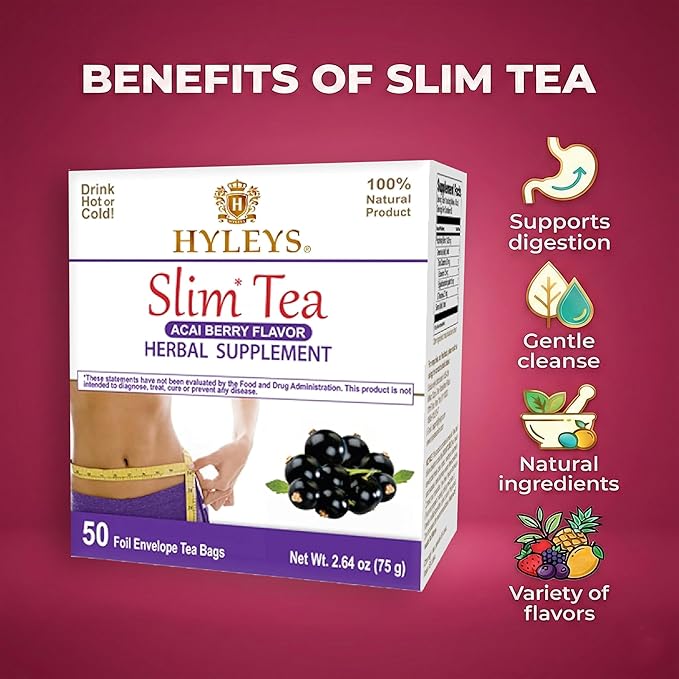 Hyleys Slim Tea Weight Loss Herbal Supplement with Acai Berry - Cleanse and Detox - 50 Tea Bags (1 Pack)