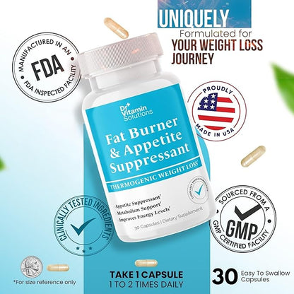 Fat Burner for Women & Men - Appetite Suppressant for Weight Loss - Pills w/Metabolism Booster Thermogenic Weight Loss Supplement - Chromium, Caffeine & Green Tea - 30 Capsules