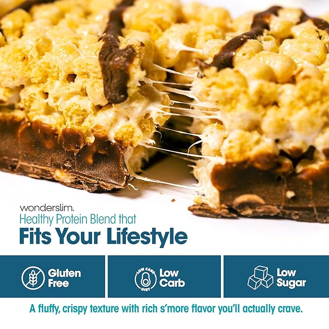 Wonderslim High Fiber Protein Bars, Fluffy S'more Crisp | 15g Protein, 8g Fiber | Low Sugar, Low Carb | Healthy Indulgence | Satisfying, Supports Energy & On-the-Go Convenience, 7 Pack