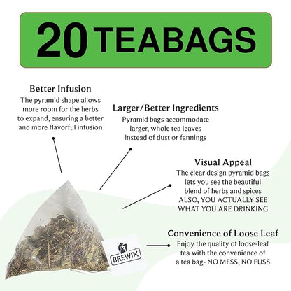 BREWIX, Perfect Mint Tea (20 Pyramid Tea Bags) | Soothing Mint Blend for Digestion Support & Daily Calm | Calming, Fresh and Cool | Caffeine Free Herbal Tea | No Sugar & No Caffeine | Spearmint and Peppermint