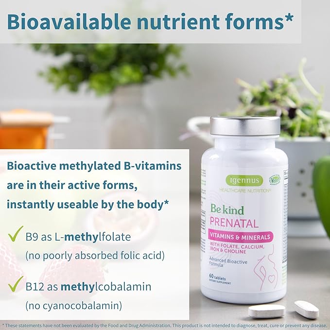 Igennus Methylated Prenatal Multivitamin for Women, Folate for MTHFR, High Absorption, Pure & Clean, Gentle Iron, Choline, Calcium & Magnesium, Vegan Pregnancy Vitamins, Halal, Non-GMO, 60 Tablets
