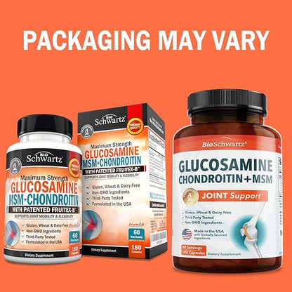 Glucosamine Chondroitin MSM Joint Support Supplement - Collagen Peptides, Turmeric and Ginger, Hyaluronic Acid, Glucosamine Chondroitin Sulfate for Joint Comfort - Gluten Free, Non GMO, 180 Capsules