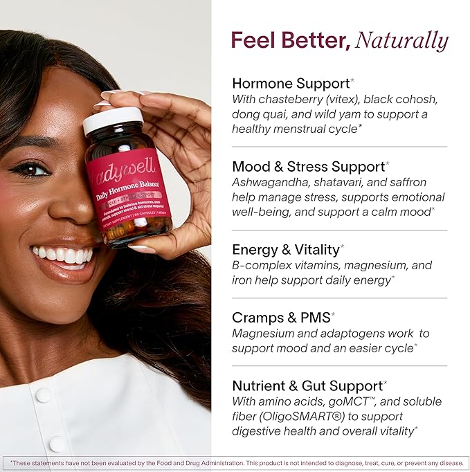 Ladywell Daily Hormone Balance Capsules | Natural Cycle Support for Women | Supports Mood, Bloating, Cramps, Skin Health & Cravings | with Chasteberry, B Vitamins, Ashwagandha, Saffron & More | 60 Ct