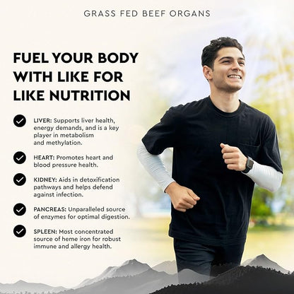 Ancestral Supplements Grass Fed Beef Organ Supplement, Supports Whole Body Wellness with Proprietary Blend of Liver, Heart, Kidney, Pancreas, Spleen, Freeze-Dried Beef, Non-GMO, 180 Capsules