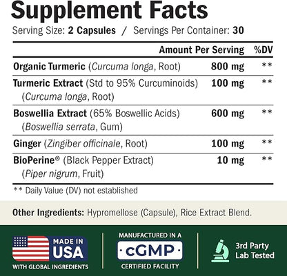 Boswellia Serrata Turmeric Supplement for Joint Support & Inflammation Balance – Turmeric Boswellia Supplement with Ginger & Black Pepper Extract for Enhanced Absorption – Non-GMO - 60 Capsules