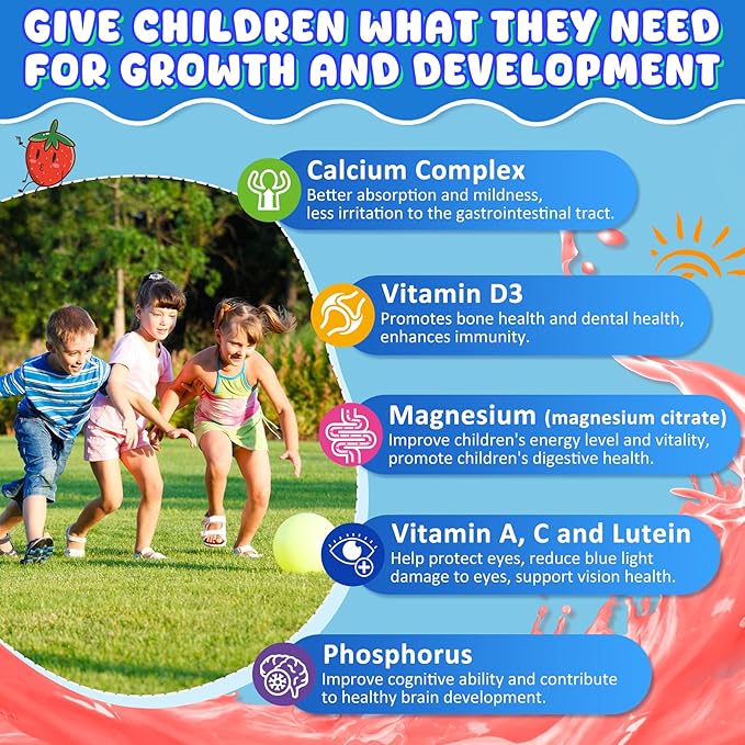 Kids Calcium Gummies + D3 & Magnesium for 4+, with Calcium Citrate Calcium Gluconate, Calcium Lactate,Probiotics & Prebiotics for Children Bone Health,Muscle Support,Digestive Health,Sugar Free 120Cts