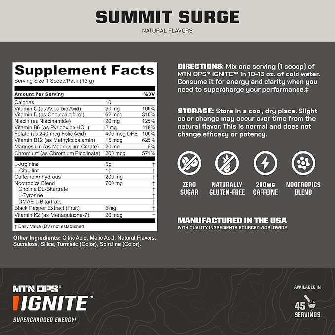 MTN OPS Ignite Sugar Free Energy Drink Powder Trail Packs with 200mg Caffeine, Travel Pre Workout Packets for to-Go Energy, Nootropic Blend, L Arginine & L Citrulline, 20 Servings, Hush Summit Surge