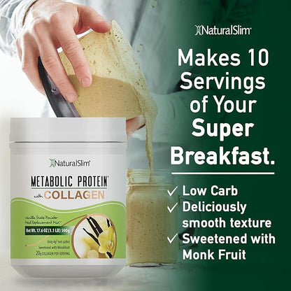 NaturalSlim Metabolic Protein Powder with Collagen, whey protein powder shake, Hydrolyzed Collagen with L-Glutamine for Metabolic Support, Digestion, Skin, Joints & Muscle, Low Carb 17.06 oz Vanilla