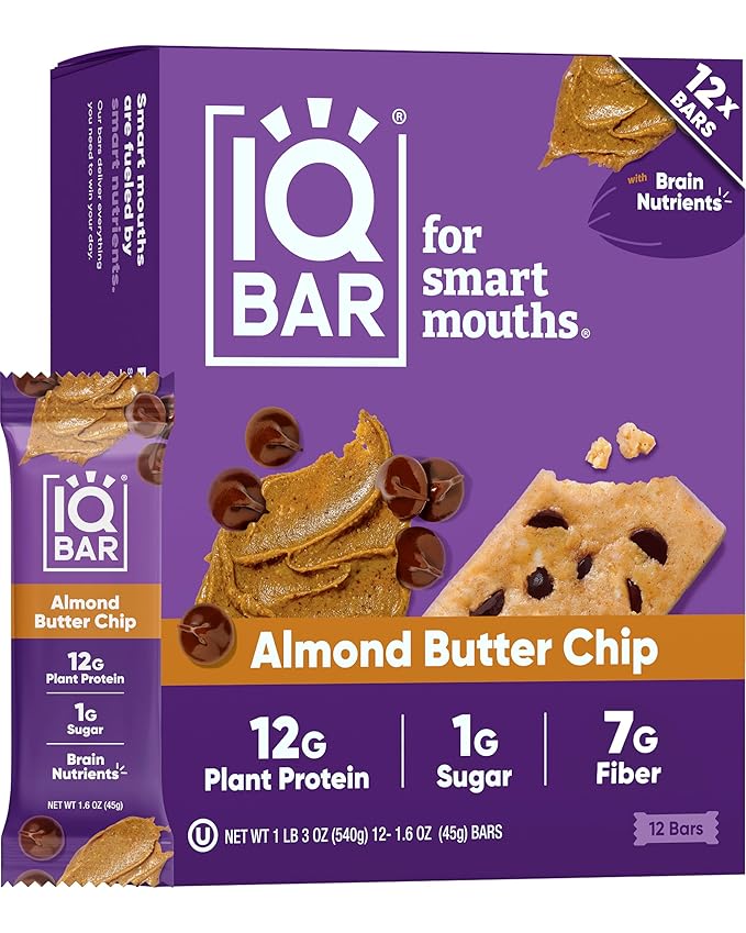 IQBAR Brain Body Keto Protein Bars - Almond Butter Chip Bars 12 - Count Energy Bar - Low Carb High Fiber Vegan Bars Low Sugar Meal Bars - Vegan Snacks