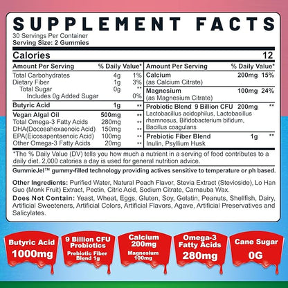 Butyrate Gummies with Probiotic + Prebiotic + Postbiotic, Omega-3 500mg,9 Billion CFU Probiotics with Fiber, Calcium & Magnesium, Inulin,Psyllium Husk for Digestive Health,Bloating Support,Sugar Free