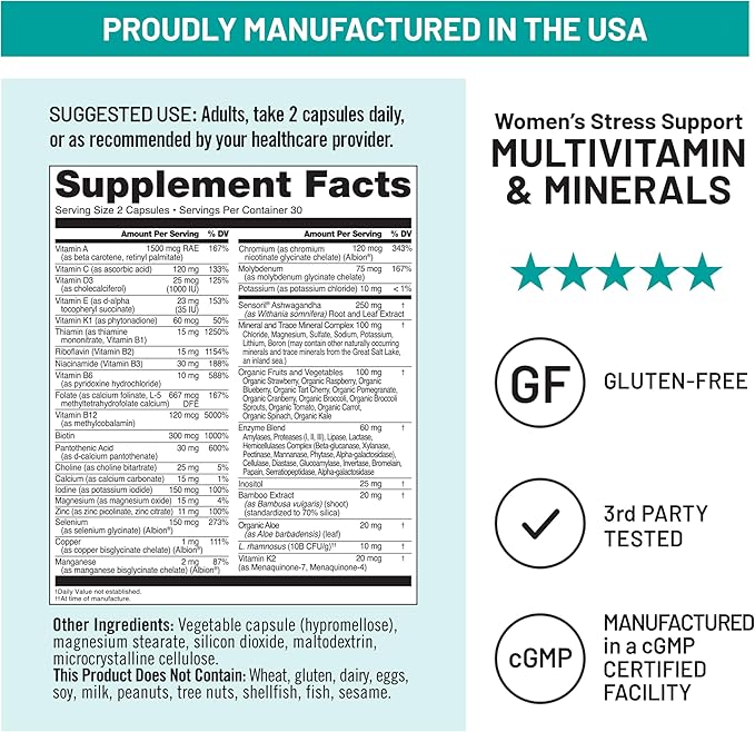 NatureWise Multivitamin for Women + Stress Support with Organic Whole Foods & Natural Minerals-B-Complex+Vitamin C+D3 K2 for Immunity,Hair,Skin & Nails-Non-GMO-60 Capsules[30-Day Supply], (Pack of 2)