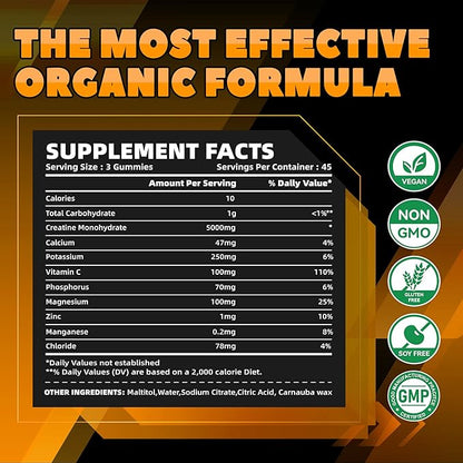 Creatine Monohydrate Gummies (5g) – Pre-Workout Energy & Muscle Growth Support for Men & Women | Orange Electrolyte Gummies (135 Count)