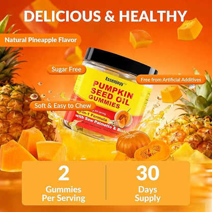 Sugar Free Pumpkin Seed Oil Gummies 2000mg for Women& Men – Pumpkin Seed Oil Supplement with Saw Palmetto & Biotin for Prostate Health, Hair, Skin & Nails – Vegan, 30 Servings, Pineapple Flavor