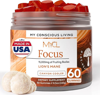 Lions Mane Mushroom Gummies for Focus and Memory - 500mg Fruiting Body Extract - Cognitive Support and Brain Health Supplements for Adults and Kids - Vegan, Gluten-Free - Canyon Cooler - 30 Servings