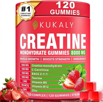Creatine Monohydrate Gummies for Men & Women, 8500MG Creatine Gummies Sugar Free Strawberry Flavored with L-Taurine, BCAA 2:1, B12 B6 for Boost Strength, Focus & Endurance, Vegan, Non-GMO, 120pcs