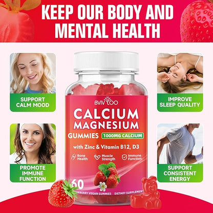 Calcium Gummies 1000mg with Vitamin D3 K2 & B Complex, Potassium, Calcium Magnesium Zinc Gummies for Bone, Muscle, Mood and Immunity - Vegan, Non-GMO, Strawberry Flavor 120 Count