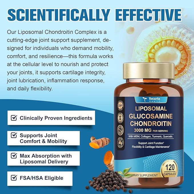Totaria Liposomal Glucosamine Chondroitin MSM Collagen | 3000 MG | Joint Support Supplement Bone Health Support Flexibility & Cartilage Maintenance for Men & Woman Supplement, Non-GMO