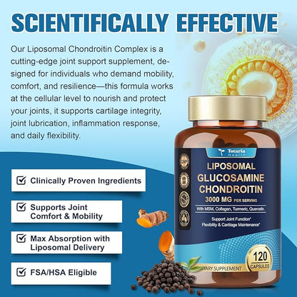 Totaria Liposomal Glucosamine Chondroitin MSM Collagen | 3000 MG | Joint Support Supplement Bone Health Support Flexibility & Cartilage Maintenance for Men & Woman Supplement, Non-GMO