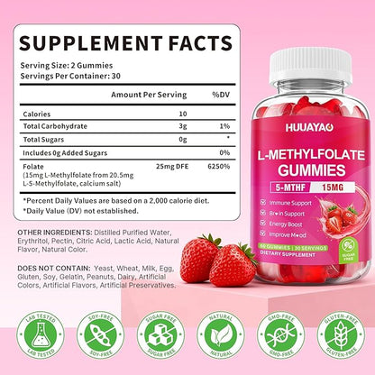 L-Methylfolate 15 mg Gummies, Methylfolate Supplement, Folate 5-MTHF Supplement for Support Mood, Brain Health, Immune System, Sugar Free, Strawberry Flavor, 120 Count