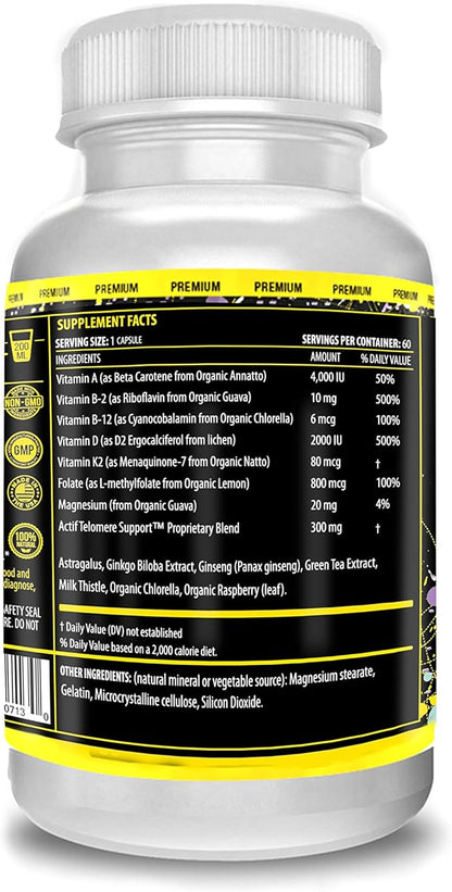 ACTIF Telomere Mega Support with 10+ Factors, Non-GMO, Telomerase and DNA Supplement for Energy, Memory and Anti-Aging, Made in USA, 60 Count
